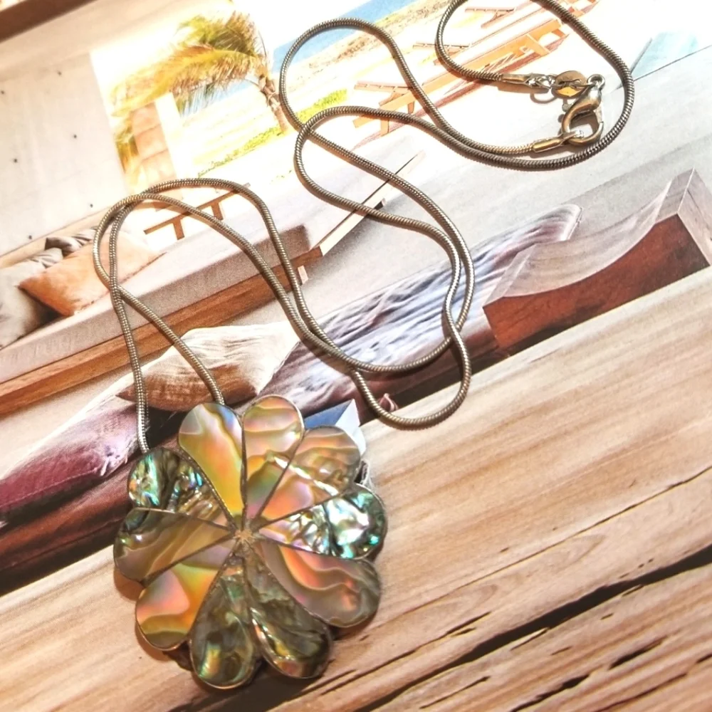TAXCO Sterling Abalone Pendant/Brooch Vintage Necklace - Picture 4 of 6
